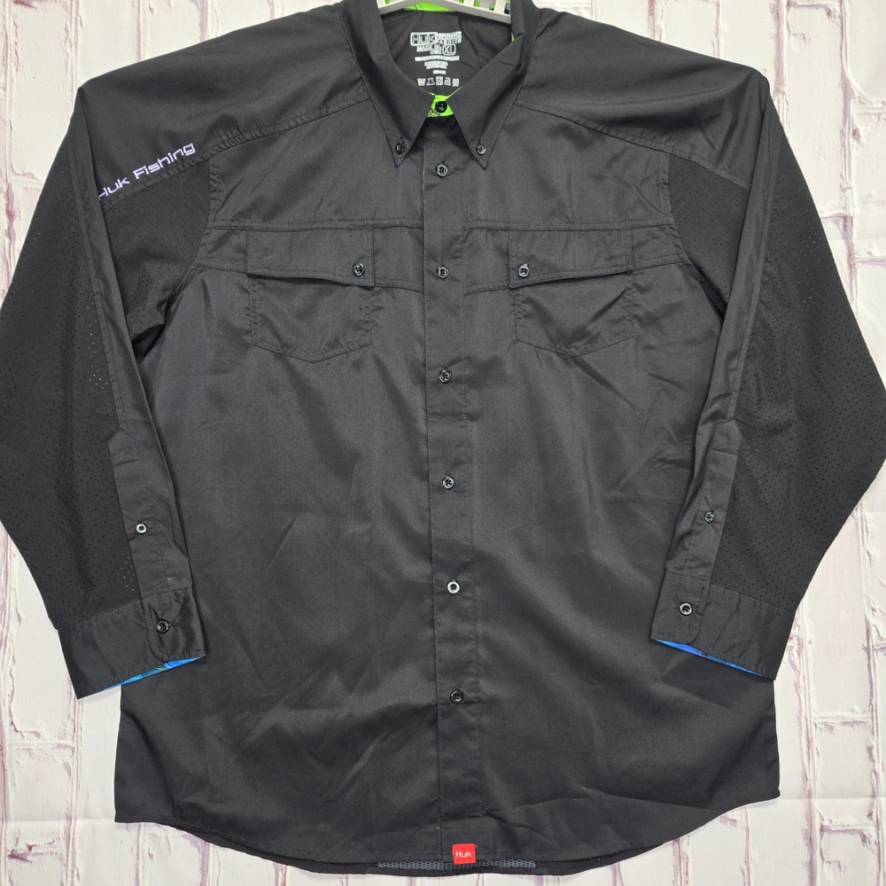Huk Fishing Shirt Black Mesh Vented Performance Button Down Outdoors Men XL